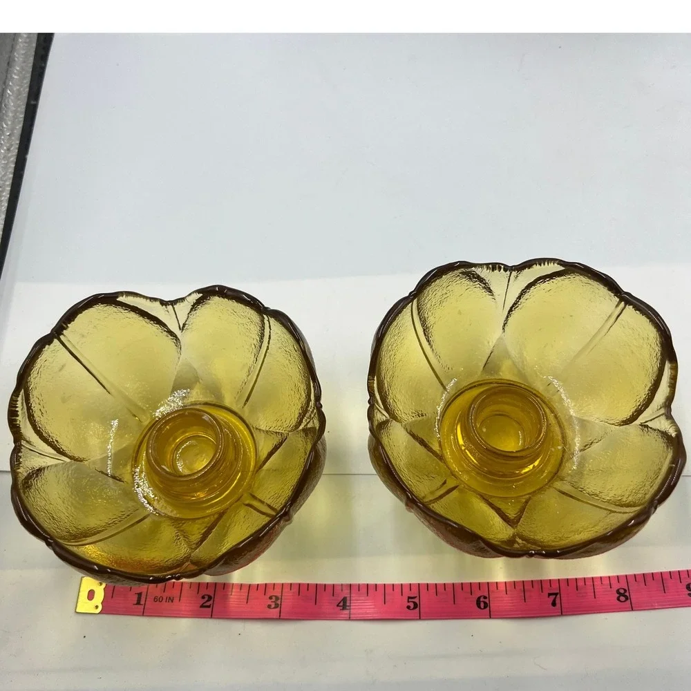 Anchor Hocking Amber Tulip Candleholders Vintage Glass Flower Set of 2 Boxed